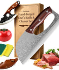 Hand Forged Chef Knife And Cleaver Set With Leather Sheath, Carbon Steel Viking Meat Cleaver, sharp kitchen tools on box
