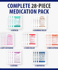 MFASCO travel medicine kit, 28pc TSA set with 4-packs of antacid, diarrhea relief, antihistamine, sinus decongestant.