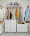 Six Tier Shoe Storage Cabinet For 24 Pairs Of Shoes Plastic Shelves Organizer For Closet Hallway Bedroom And Entryway Space Saving Shoe Rack With Easy Access And Big Capacity in a closet setup with clothes hanging above.