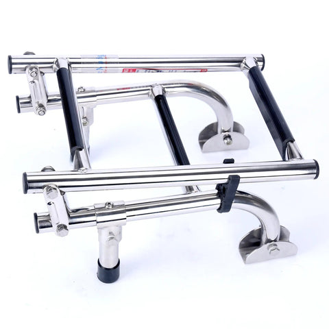 3 Step Stainless Steel Stern Mount Pontoon Boat Ladder With Rubber Grips For Easy Water Entry, folded view, 250 lb capacity