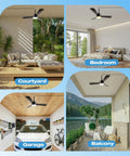 Plug In Ceiling Fan Light For Any Space, 28 Inch, No Wire Setup, shown in bedroom, garage, balcony, and courtyard settings