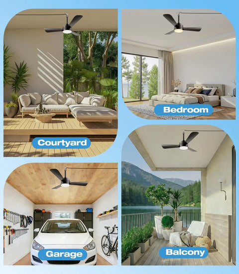 Plug In Ceiling Fan Light For Any Space, 28 Inch, No Wire Setup, shown in bedroom, garage, balcony, and courtyard settings