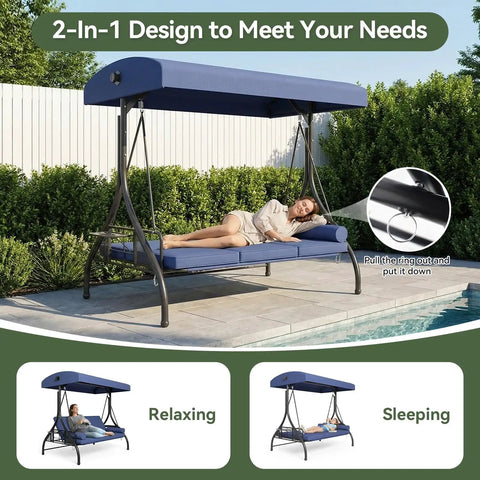 Outdoor Porch Swing With Stand And Canopy For Three Seats Adults Convertible 2 In 1 Swing Bed With Cup Holder Thick Cushions Heavy Duty Steel Frame 800 Lb Weight Capacity Built For Garden Yard Balcony Patio Blue