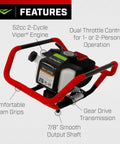 Beefy Dual Person Auger Powerhead With 52cc 2 Cycle Viper Engine Features Foam Grips Dual Handlebars Throttle Controls
