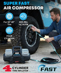 Hassle Free 12 Volt Four Cylinder Fast Tire Inflator With Smart Auto Stop Digital Readout and One Touch preset pressure in use.