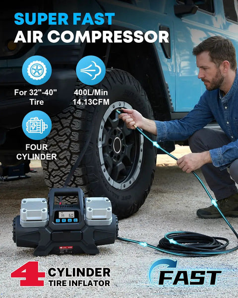 Hassle Free 12 Volt Four Cylinder Fast Tire Inflator With Smart Auto Stop Digital Readout and One Touch preset pressure in use.
