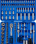 Master Grade 150 Piece Socket Set With Quarter Inch And Half Inch Drives featuring organized chrome vanadium steel tools in blue case.