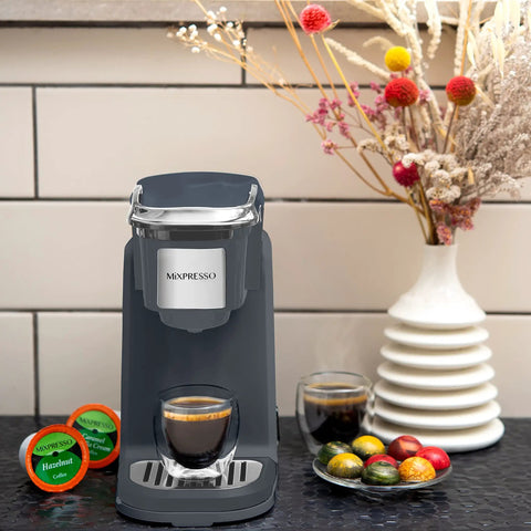 One Touch Single Cup Coffee Brewer With Quick Brew, 12 Oz Grey Coffee Maker on countertop with K-Cups, adjustable size view