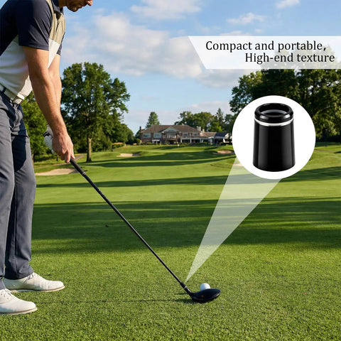 Golf player with club and focus on Seven Piece Black Golf Ferrules With Silver Ring For 0.370 Inch Iron Shafts DIY Friendly Club Building Repair And Shaft Install Durable ABS Ferrule Set For Easy Install And Upgrade.