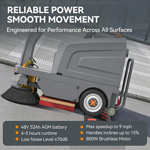 Velwoxk 51 Inch Ride-On Industrial Floor Sweeper Machine With Powerful Brooms And Vacuum Suction. Features A Generous 27 Gallon Hopper And 11 Gallon Water Tank For Spotless Jobsites. Achieve Crazy High Efficiency Of Over 92 Thousand Square Feet Per Hour