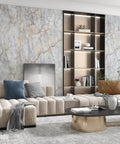 Living room with Blue Gold Marble Contact Paper 31.5x157 In Peel And Stick Vinyl Wallpaper on walls, beige sofas, modern decor.