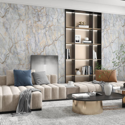 Living room with Blue Gold Marble Contact Paper 31.5x157 In Peel And Stick Vinyl Wallpaper on walls, beige sofas, modern decor.