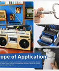Collage showing radio, hand holding a clasp, close-up of a mechanical device, water bottle, with text 'Scope of Application'