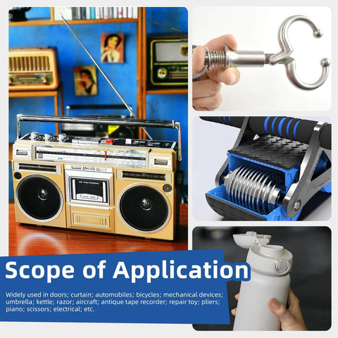 Collage showing radio, hand holding a clasp, close-up of a mechanical device, water bottle, with text 'Scope of Application'