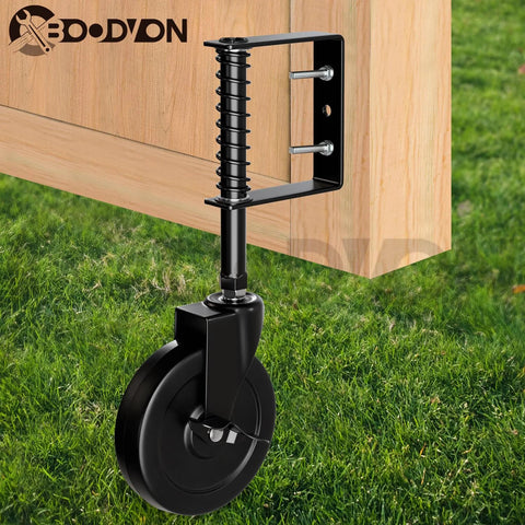 5 Inch Heavy Duty Gate Caster With Side Brake and Spring Loaded Shock Absorption attached to wooden gate