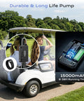 Ultra Fine Misting System With 15000mAh Rechargeable Pump And 33Ft Hose, 4 Gallon Water Mister in use on golf cart outdoors