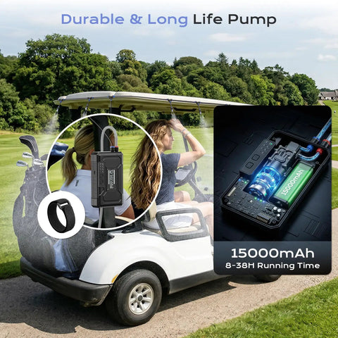 Ultra Fine Misting System With 15000mAh Rechargeable Pump And 33Ft Hose, 4 Gallon Water Mister in use on golf cart outdoors