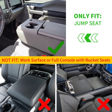 Front Center Seat Headrest Organizer For Ford F-Series Jump Seat Consoles, cup holder fit diagram, 2011-2026 models