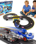 Boys playing with Sonic And Shadow Race Track Set With Totally Lit Working Lights Lap Counter Figure Eight Slot Car Track Includes 2 Sonic Vehicles 2 Controllers And 16 Track Pieces Officially Licensed.