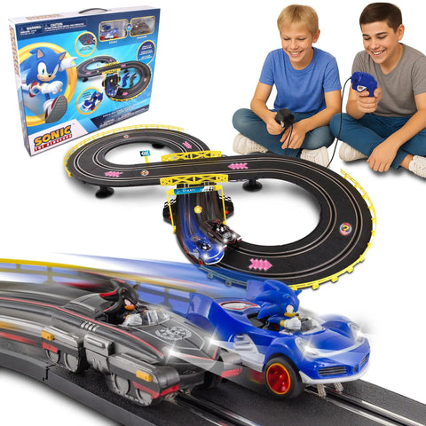 Sonic And Shadow Race Track Set With Totally Lit Working Lights Lap Counter Figure Eight Slot Car Track Includes 2 Sonic Vehicles 2 Controllers And 16 Track Pieces Officially Licensed with children playing