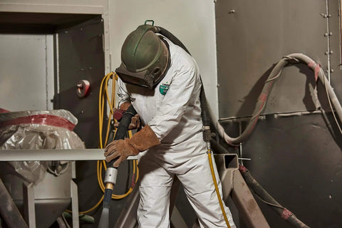 Worker in MicroMax Protective Disposable Coveralls For Paint Job And Cleanup With Respirator Fit Hood using equipment on job site