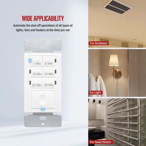 30 Minute Neutral Countdown In Wall Switch Timer 2 Pack Auto Off For Fans And Lights Including LEDs CFLs Save Energy With 7 Button Push Set And Set It And Forget It Easy Install Ideal For Vent Fans And Ceiling Fans, white 7-button wall switch