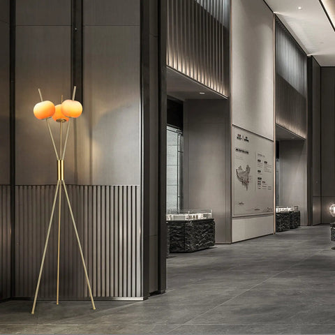 Three Light Floor Lamp With Gold Plated Tripod Stand Modern Amber Glass Lampshade 28W Flexible Cozy Glow Light for hallway