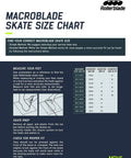 Macroblade skate size chart with guidelines for selecting correct size and illustrations for measuring foot length.
