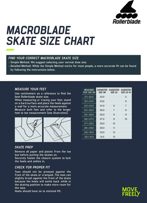 Macroblade skate size chart with guidelines for selecting correct size and illustrations for measuring foot length.