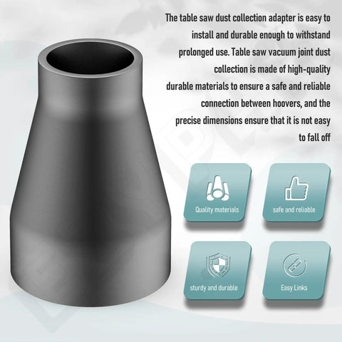 Table Saw Dust Collection Adapter Two And A Half Inch Outlet To One And Seven Eighth Inch Vacuum Hose Connection Easy Install No Fuss Black Fits Most Table Saws And Ten Inch Models, shown in black with smooth surface and flared design.