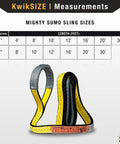 Front view of Mighty Sumo 1in x 8ft poly web lifting strap, yellow/black for rigging