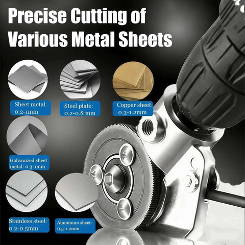 Drill Nibbler Sheet Metal Cutting Tool Attachment for iron, steel, copper, aluminum, and white sheet metal, shown cutting metal.