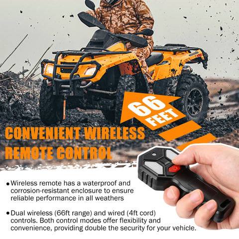 Person using handheld remote to control 4500 Lb Electric Winch With Wireless Remote, IP67 Waterproof, Synthetic Rope for ATV