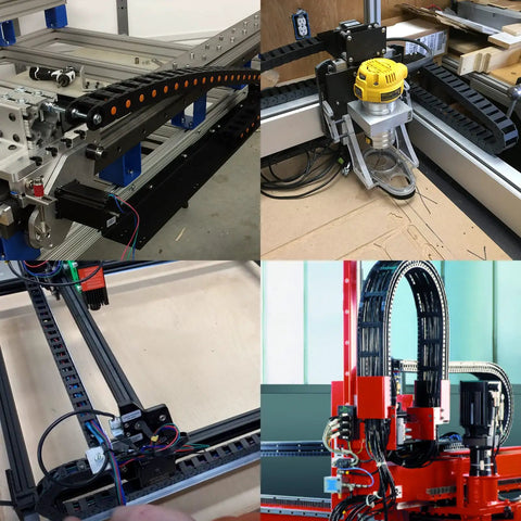 Two Pack Open Type Drag Chain Cable Carrier in use on CNC and 3D printers, showcases flexible 15x30mm internal size, 1 meter length, M5 connectors.