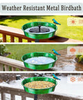Heavy Duty Deck Mounted Bird Bath And Feeder For Patio Rails 11.5 Inch Sturdy Metal Basin shown in sun, rain, and snow with birds.
