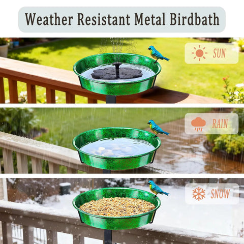 Heavy Duty Deck Mounted Bird Bath And Feeder For Patio Rails 11.5 Inch Sturdy Metal Basin shown in sun, rain, and snow with birds.