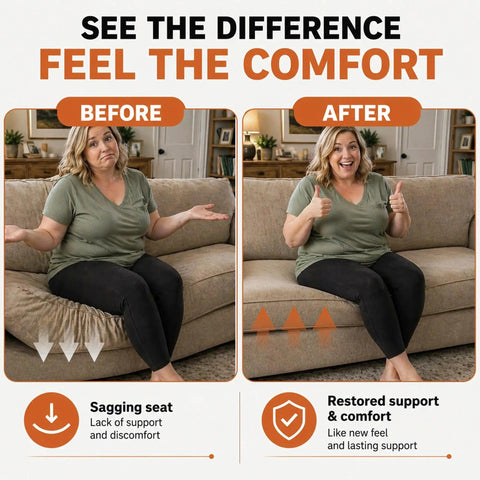 Before and after image showing sagging sofa seat versus improved support with No Sweat Couch Fixes With This Heavy Duty 9 Gauge Upholstery Springs Roll 49 Foot High Carbon Steel Sofa Spring Replacement For Flexible Furniture Support And Quick Home Makeover Projects.