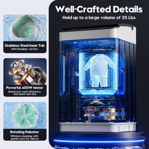 No Sweat 28 Lb Fully Automatic Portable Washing Machine featuring a stainless steel inner tub and 400W motor for efficient washing.