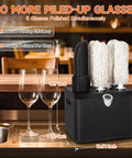 Commercial Glass Polisher And Bar Washer Delivers Crisp Spotless Shine With Smart Warm Air Blast Paired With Food Safe Bristles Handling Three Hundred Thirty Glasses Hourly A Total Hustle Saver For Busy Bars with 5 cleaning brushes and wine glasses on a bar counter.