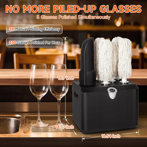 Commercial Glass Polisher And Bar Washer Delivers Crisp Spotless Shine With Smart Warm Air Blast Paired With Food Safe Bristles Handling Three Hundred Thirty Glasses Hourly A Total Hustle Saver For Busy Bars with 5 cleaning brushes and wine glasses on a bar counter.