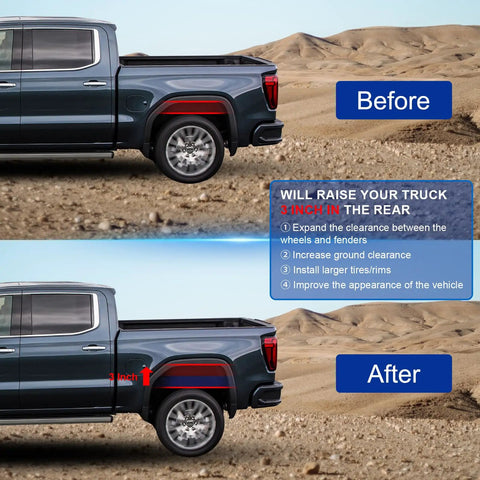 Comparison of 3-Inch Rear Levelling Kit And Heavy Dity Lift Spacers For Dodge Ram 1500 2009 To 2025 showing before and after installation.
