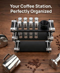 Single Dose Coffee Bean Container Coffee Station Organizer Rack With 8 Sealed Glass Vials, black design, ergonomic use for baristas.