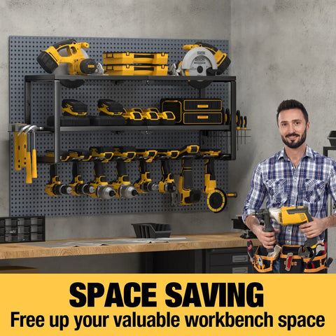Built Tough Power Tool Organizer Wall Mount For Garage And Workshop, 32 Inch With 8 Slots, installed with tools