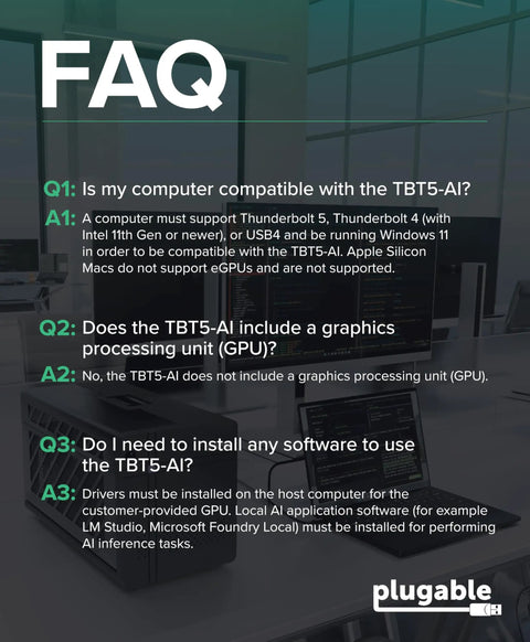 FAQ on Thunderbolt 5 Egpu Enclosure Dock 80Gbps 850W Psu Nvidia and Amd Graphics Cards Windows 11 compatibility and usage.