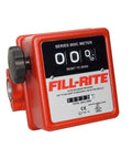 Front view of a 3 Wheel Mechanical Meter With Nutating Disc Technology And Cast Aluminum Construction For Durable Flow Debris Resistant 5 To 20 GPM Great For Fuel Water And Lubricant Delivery In Rugged Environments