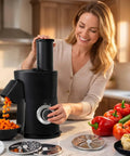 7-in-1 Electric Vegetable Chopper And Mincer With 7 Stainless Steel Blades for fast slicing, dicing, and shredding on countertop.