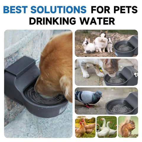 Golden retriever drinking from No Brainer Automatic Dog Water Dispenser With Heavy Duty Anti Tip Bracket, 68 Oz Outdoor Pet Water Bowl.