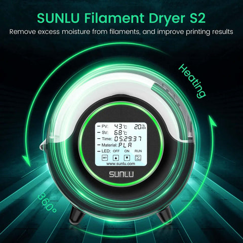 Front view of Filament Dryer S2 for 3D Printer with display screen showing temperature, heating mode, and circulation fan features.