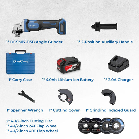 Cordless Angle Grinder Kit With Paddle Switch 20V 4-1/2 Inch 9000 RPM For Cutting Grinding Polishing Includes 6 Discs And 4.0Ah Battery Plus DSC Protection And No Lock On Paddle., grinder kit with case, battery, charger, guard, handle, and discs