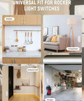Collage showing 2 Pack Light Switch Guard Cover in kitchen, living room, entrance hall, and garage settings for kid proofing